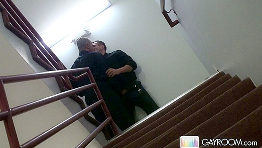 Steamy Stairwell Hookup: Hung Studs Slobber Over Each Others Dicks Before Unloading –