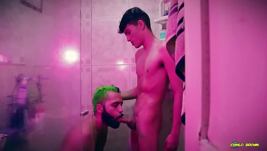 Steamy Shower Seduction: Muscular Camilo Devours Twink Andres Hung Cock