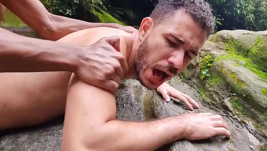 Sweat-Drenched Interracial Threesome: Black Muscle God Dominates Wet White Boy Under