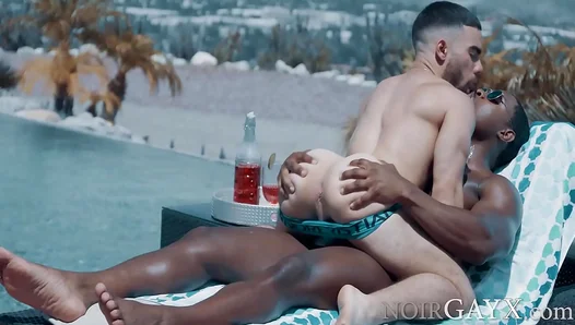 Steamy Poolside Threesome: Hung Stud DeAngelo Tames Ripped Black Stallions Rock Hard Ass