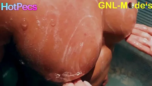 Steamy Shower Seduction: The Buff Asian Stud Gobbles Up Ripped Chest as Lust Ignites –
