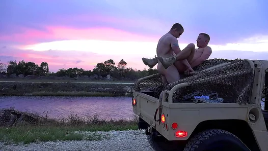 Rough Outdoor Romp: Hung Soldiers Ravish Each Other Under Open Skies