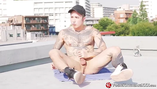 Yoshis Outdoor Steam Room Solo: Handsome Hunk Plays with Hard Cock Under the Sun