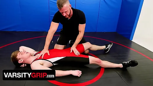 Coach Brian Bonds Takes Control: Dominant Grip Over Submissive Twink After Match –