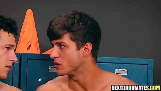 Ripped Coaches Engulfed by Thirsty Jocks Hung Cocks in Raw Locker Room Banging