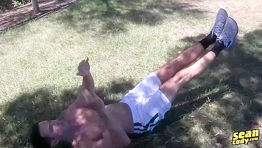 Stanleys Long Legs Stretched Open for Intense Manual Massage on SeanCodyX
